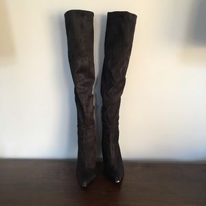 Faux black suede over the knee boots.